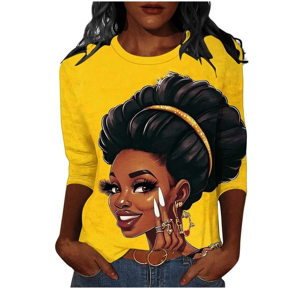 Staron Women's Casual Loose T-Shirt Black History Month Printed Round Neck 3/4 Sleeve Blouse Top, Gold S