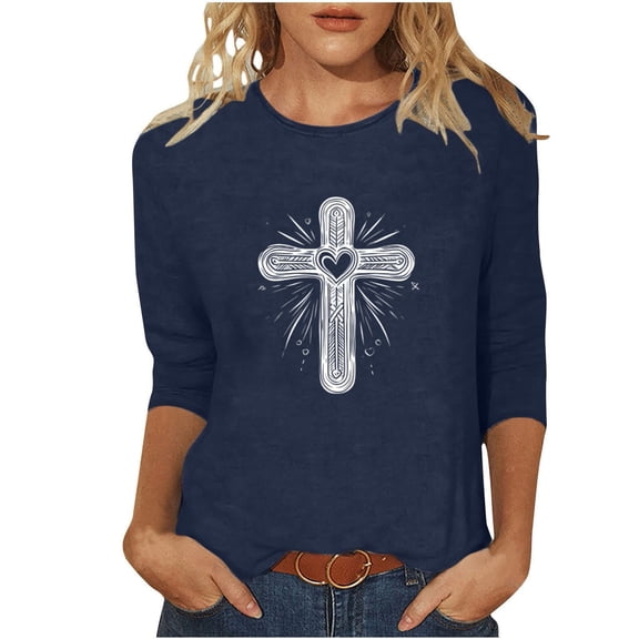 Staron Women's Casual Loose T-Shirt Round Neck Three-Quarter Sleeve Comfy Relaxed Top for Home Wear, Navy 3XL