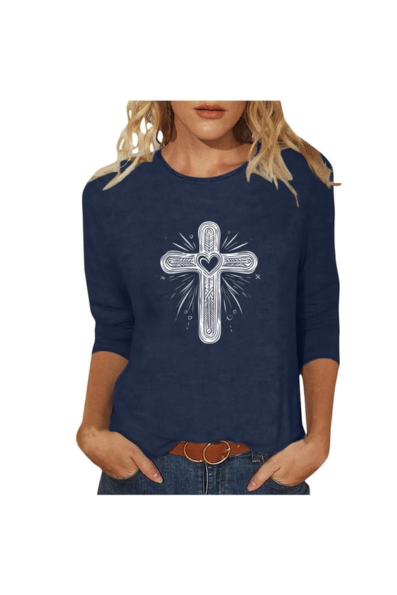 Women's Casual Loose T-Shirt Round Neck Three-Quarter Sleeve Comfy Relaxed Top for Home Wear, Navy XXL