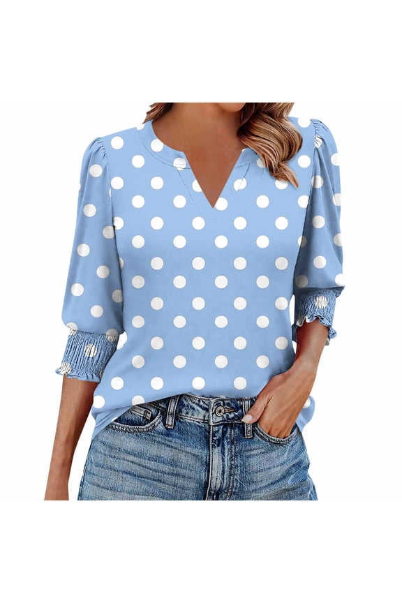 Women's Casual Loose V Neck 3/4 Sleeve Smocked Cuff Blouse Printed Tops Spring Fashion Vacation Party, Sky Blue S
