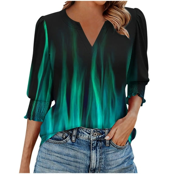Staron Women's Casual Loose V Neck 3/4 Sleeve Smocked Cuff Printed Top Spring Fashion Blouse, Green M