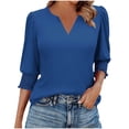 thumbnail image 1 of Staron Women's Casual Loose V Neck 3/4 Sleeve Tops Smocked Cuff Solid Color Blouse Spring Fashion Basic Comfy Relaxed Shirt, Blue M, 1 of 7