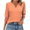 thumbnail image 1 of Staron Women's Casual Loose V Neck 3/4 Sleeve Tops Smocked Cuff Solid Color Blouse Spring Fashion Basic Comfy Relaxed Shirt, Orange XL, 1 of 7