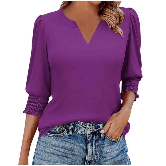 Staron Women's Casual Loose V Neck 3/4 Sleeve Tops Smocked Cuff Solid Color Blouse Spring Fashion Basic Comfy Relaxed Shirt, Purple XL