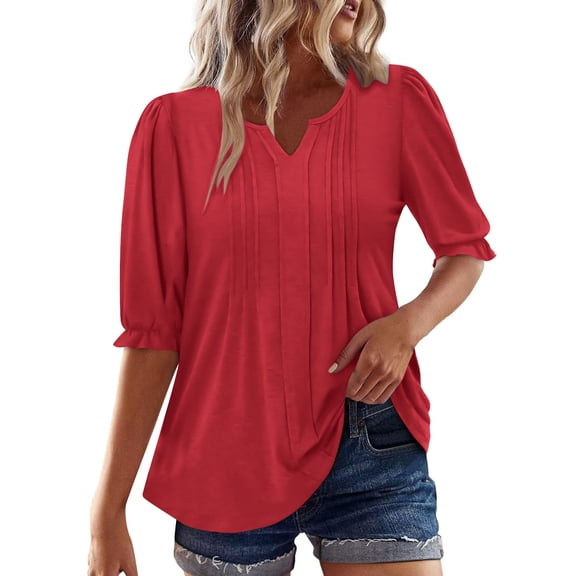 Staron Women's Casual Loose V-Neck Blouse Short Sleeve Sequins Party Vacation Fashion Top Shirt, Red XXL