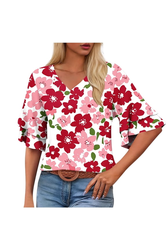 Women's Casual Loose V-Neck Short Sleeve T-Shirt Top Double Layered Flutter Sleeve Design Fashion Pullover Blouse, Pink XXL