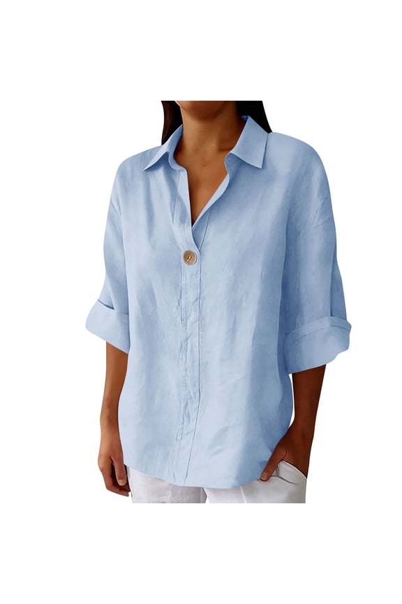 Women's Casual Loose V Neck Three-Quarter Sleeve Solid Color Blouse Tops Fashion Basic Comfy Relaxed Vacation Travel, Light Blue XXL