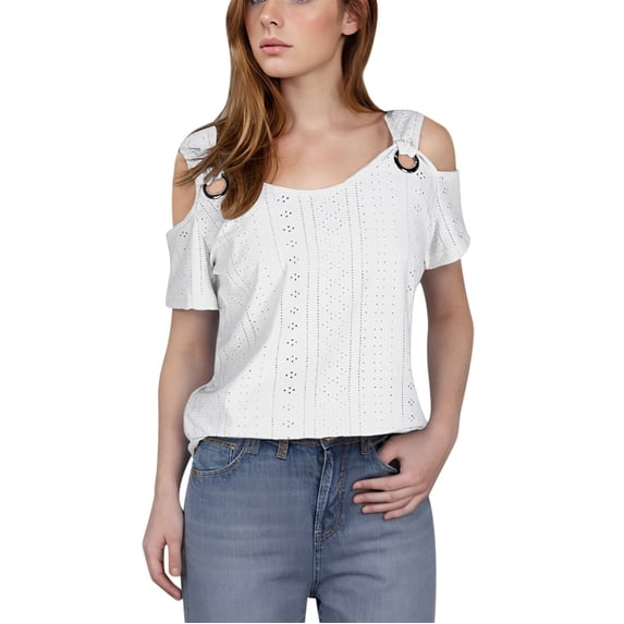 Staron Women's Casual Off Shoulder Top Eyelet Embroidery Short Sleeve Round Neck Pullover Blouse Shirt, White L