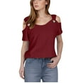 thumbnail image 1 of Staron Women's Casual Off Shoulder Top Eyelet Embroidery Short Sleeve Round Neck Pullover Blouse Shirt, Wine S, 1 of 7