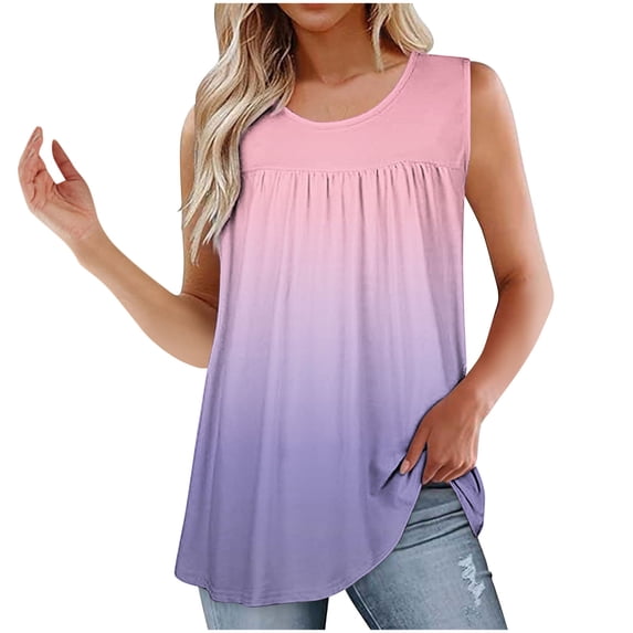 Staron Women's Casual Ombre Pleated Round Neck Tank Top Sleeveless Loose Comfy Fashion T-Shirt Blouse, Pink XXL