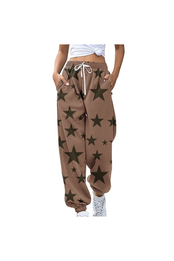 Women's Casual Pants Elastic Waist Drawstring Joggers Star Print Fashion Loose Fit with Pockets Streetwear Trousers, Brown S
