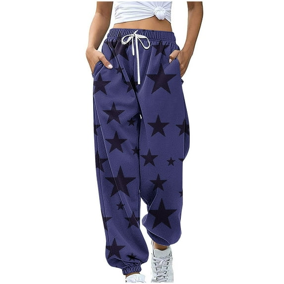 Staron Women's Casual Pants Elastic Waist Drawstring Joggers Star Print Fashion Loose Fit with Pockets Streetwear Trousers, Dark Blue M