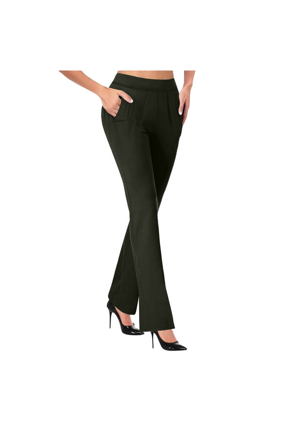 Women's Casual Pants High Waisted Flared Trousers Stretch Work Office Pants Solid Pleated Knit Bootcut Leggings, Green XXL