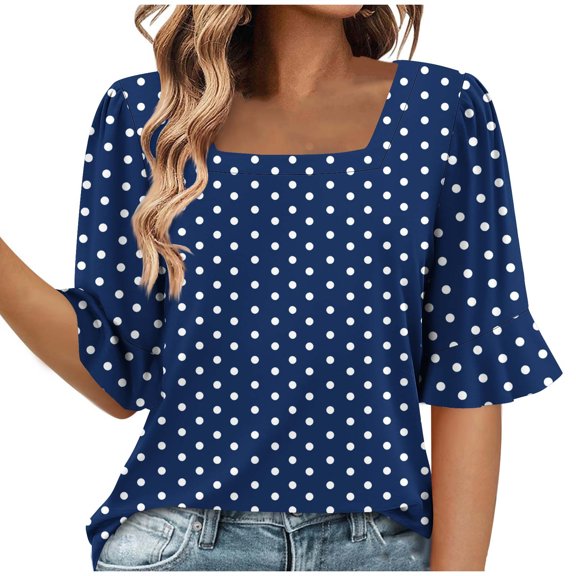 Staron Women's Casual Polka Dot Square Neck Lace Trim Short Sleeve Blouse Top, Blue L
