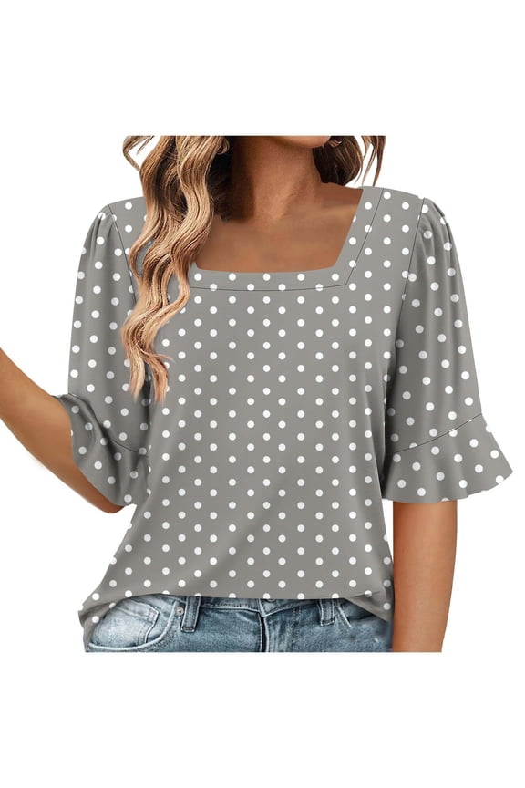 Women's Casual Polka Dot Square Neck Lace Trim Short Sleeve Blouse Top, Gray L