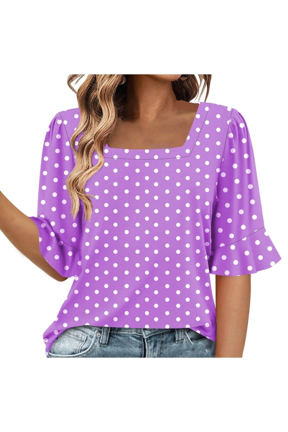 Women's Casual Polka Dot Square Neck Lace Trim Short Sleeve Blouse Top, S
