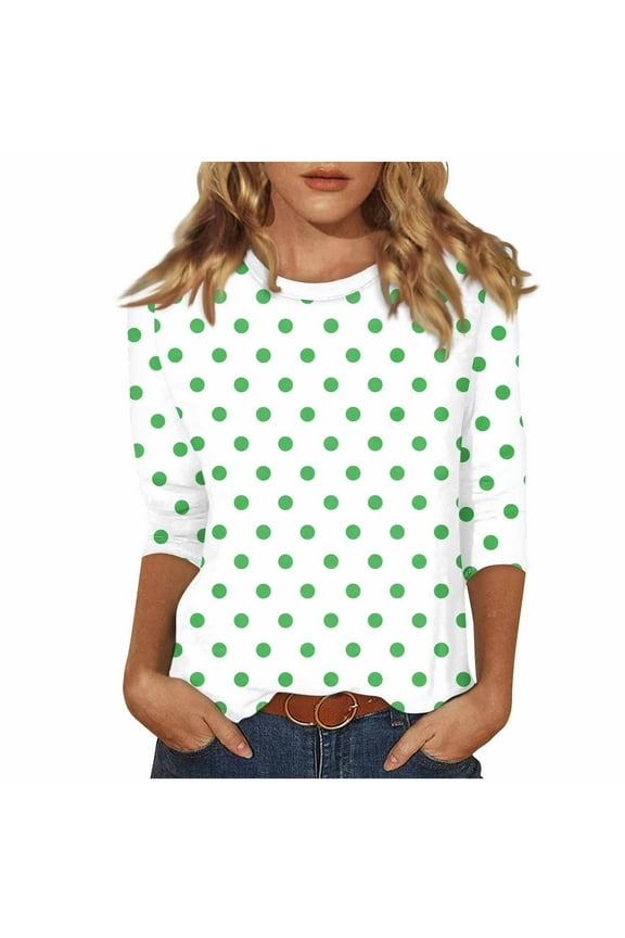 Women's Casual Polka Dot T-Shirt Round Neck 3/4 Sleeve Blouse Fashion Print Loose Fit Vacation Party Top, Green M