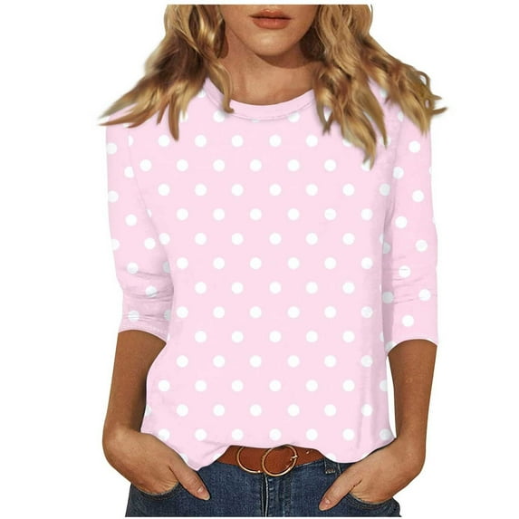 Staron Women's Casual Polka Dot T-Shirt Round Neck 3/4 Sleeve Blouse Fashion Print Loose Fit Vacation Party Top, Pink S