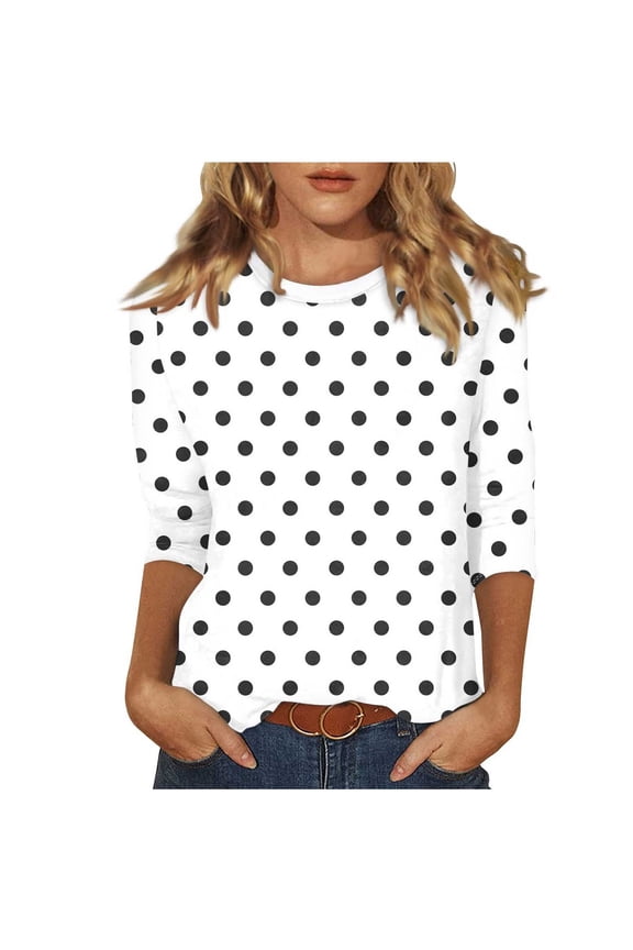 Women's Casual Polka Dot T-Shirt Round Neck 3/4 Sleeve Blouse Fashion Print Loose Fit Vacation Party Top, White M