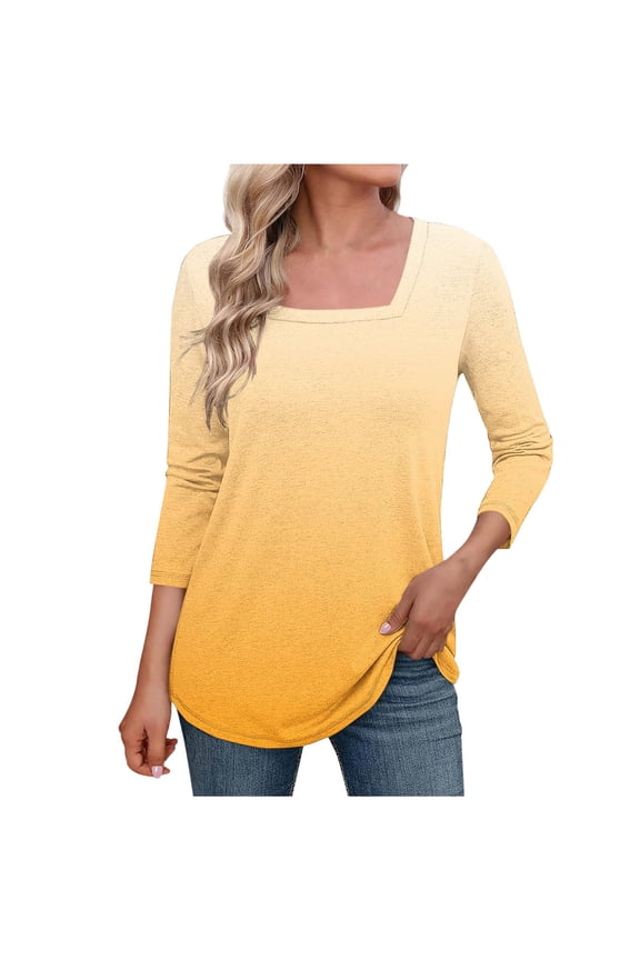 Women's Casual Printed Square Neck Three-Quarter Sleeve Top Fashion Loose Blouse for Party Vacation Travel, Orange XXL