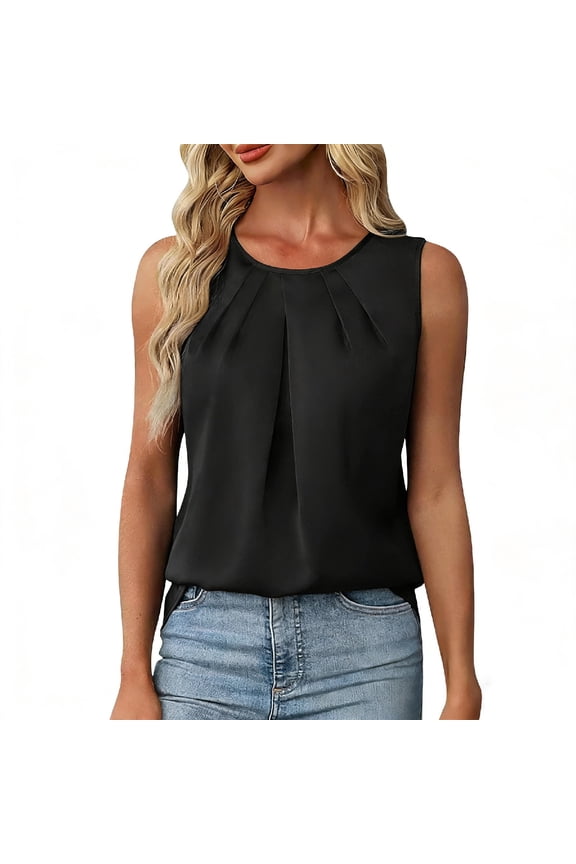 Women's Casual Satin Pleated Round Neck Sleeveless Top Blouse Loose Comfy Relaxed Fashion Basic Tank, Black L