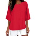thumbnail image 1 of Staron Women's Casual Shirt 3/4 Sleeve Crew Neck Loose Blouse Solid Color Basic Comfy Relaxed Fashion Top for Spring Summer Vacation Travel Beach, Red M, 1 of 4
