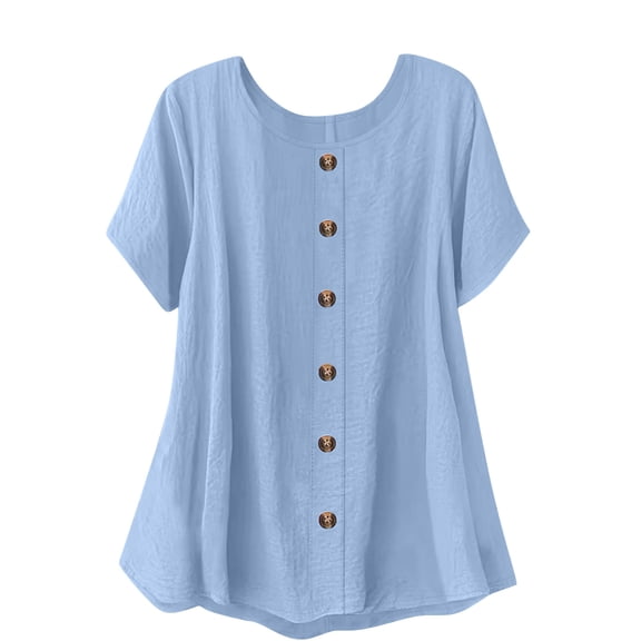 Staron Women's Casual Short Sleeve Button Down Shirt Basic Comfy Round Neck Blouse with Decorative Buttons Loose Fit Vacation Travel Top, Blue M