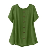 Staron Womens Casual Short Sleeve Button Down Shirt Basic Comfy Round Neck Blouse with Decorative Buttons Loose Fit Vacation Travel Top, Green S