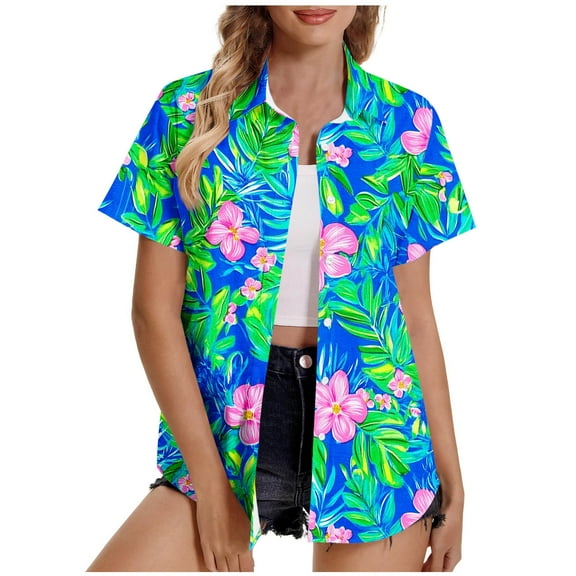 Staron Women's Casual Short Sleeve Hawaiian Print Button Down Shirt Blouse Fashion Vacation Beach Top, M