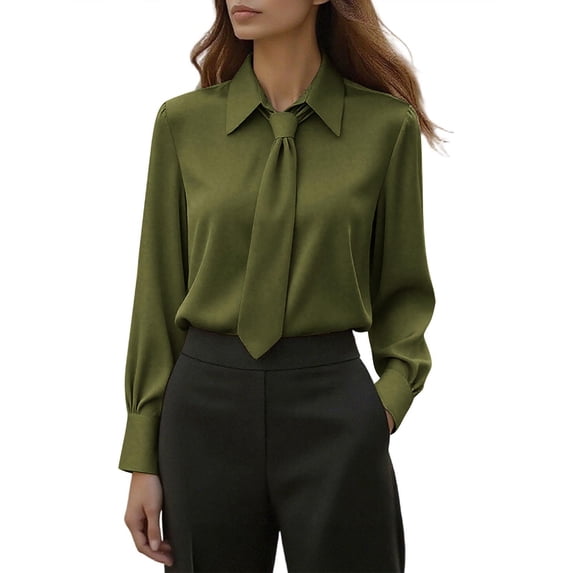 Staron Women's Casual Short Sleeve Lapel Tie Blouse Solid Color Basic Fashion Tops, Army Green M