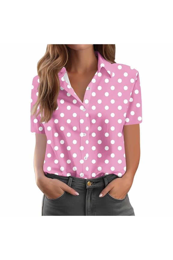 Women's Casual Short Sleeve Polka Dot Button Down Shirt Loose Fit Blouse with Pocket Comfortable Printed Tops, Pink M