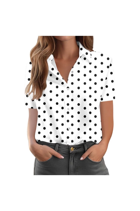 Women's Casual Short Sleeve Polka Dot Button Down Shirt Loose Fit Blouse with Pocket Comfortable Printed Tops, White M