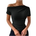 thumbnail image 1 of Staron Women's Casual Short Sleeve Round Neck Blouse Asymmetrical Ruffle Pullover Top, Black S, 1 of 6