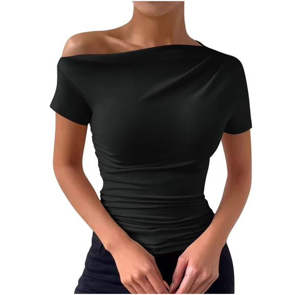 Staron Women's Casual Short Sleeve Round Neck Blouse Asymmetrical Ruffle Pullover Top, Black S