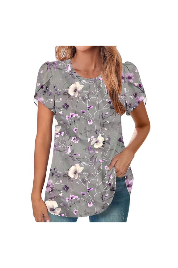 Women's Casual Short Sleeve Round Neck Pleated Print Tunic Top Curved Hem Fashion Blouse Shirt, S