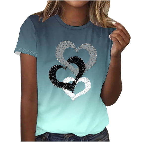 Staron Women's Casual Short Sleeve Round Neck T-shirt Blouse Gradient Heart Print Loose Comfy Pullover Top