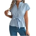 thumbnail image 1 of Staron Women's Casual Short Sleeve Shirt Blouse V Neck Button Down Drawstring Waist Loose Comfy Fashion Top, Blue M, 1 of 7