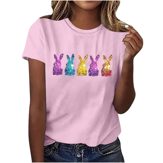 Staron Women's Casual Short Sleeve T-Shirt Easter Round Neck Basic Top Loose Comfy Relaxed Fashion Tee, Pink XXL
