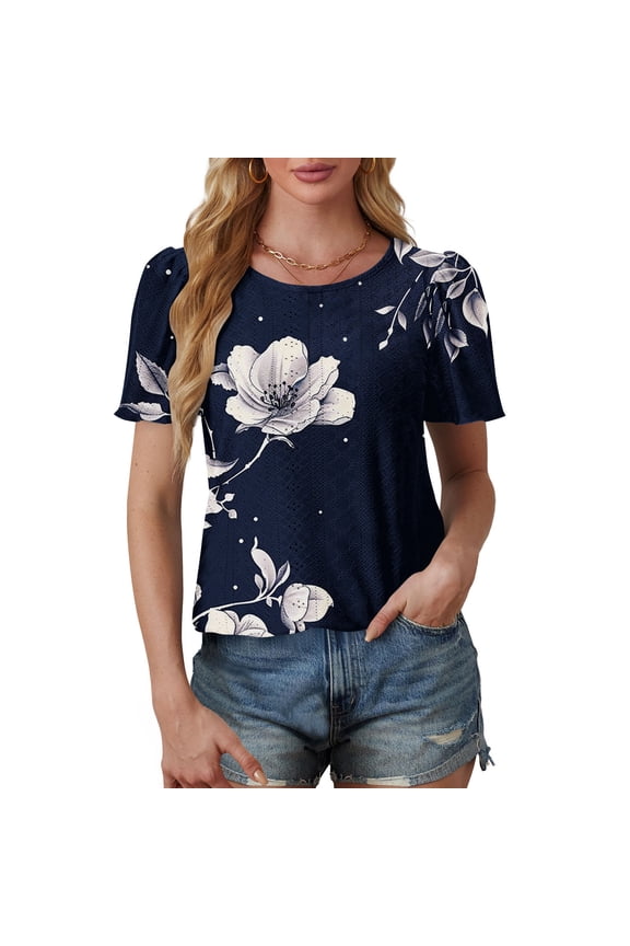 Women's Casual Short Sleeve T-Shirt Round Neck Bubble Sleeve Solid Color Basic Top Blouse Shirt, L