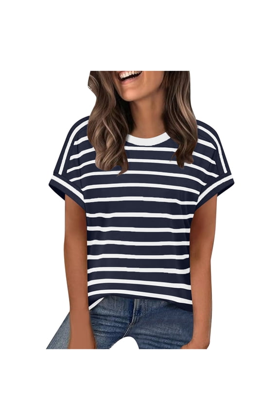 Women's Casual Short Sleeve V Neck Stripe Shirts Loose Fit Spring Summer Tees Blouses Trendy Vacation Party Tops, Navy L