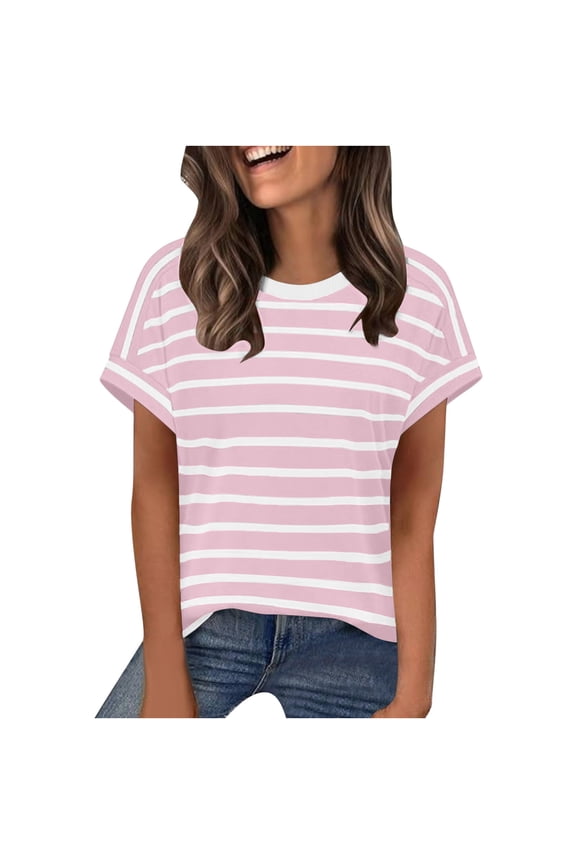 Women's Casual Short Sleeve V Neck Stripe Shirts Loose Fit Spring Summer Tees Blouses Trendy Vacation Party Tops, Pink XXL