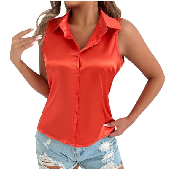 Staron Women's Casual Sleeveless Button Down Collar Tank Top Solid Color Basic Comfy Relaxed Blouse, Orange XL