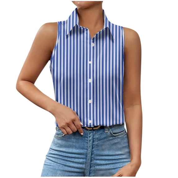 Staron Women's Casual Sleeveless Button Down Collar Tank Top Striped Blouse Basic Relaxed Loose Fit Vacation Beach Travel Shirt, Blue M