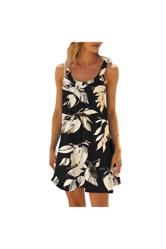 Women's Casual Sleeveless Loose Dress with Elasticity Non Positioning Print V Neck A-Line Boho Beach Vacation Sundress, Black M