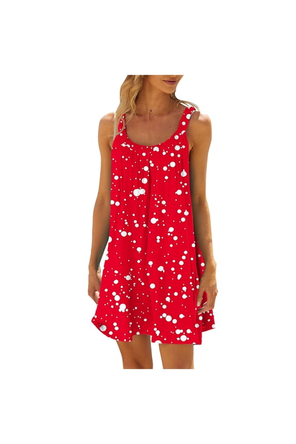 Women's Casual Sleeveless Loose Dress with Elasticity Non Positioning Printing V Neck A-Line Tank Sundress, Red XXL