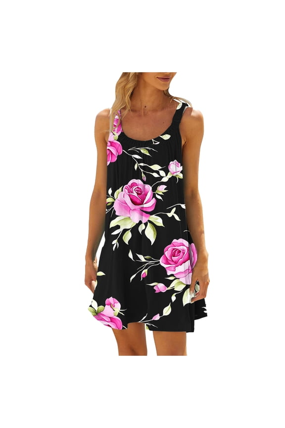 Women's Casual Sleeveless Loose Dress with Elasticity Non Positioning Printing V Neck Tank Sundress, Hot Pink M