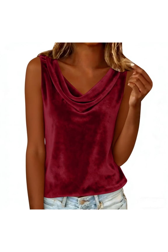 Women's Casual Sleeveless Top Solid Color Draped Neckline Loose Fit Comfy Relaxed Basic Tank Top, Red XL