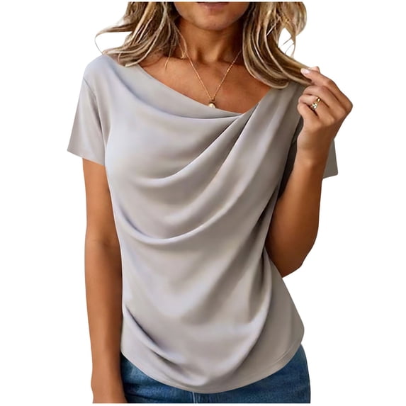 Staron Women's Casual Solid Color Pleated Short Sleeve Round Neck Blouse Shirts Basic Comfy Relaxed Fashion Top, Gray M