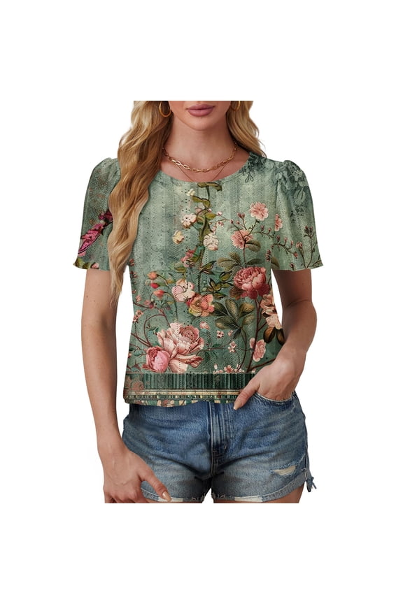 Women's Casual T-Shirt Round Neck Short Sleeve Bubble Sleeve Solid Color Basic Top Blouse Shirt, XL