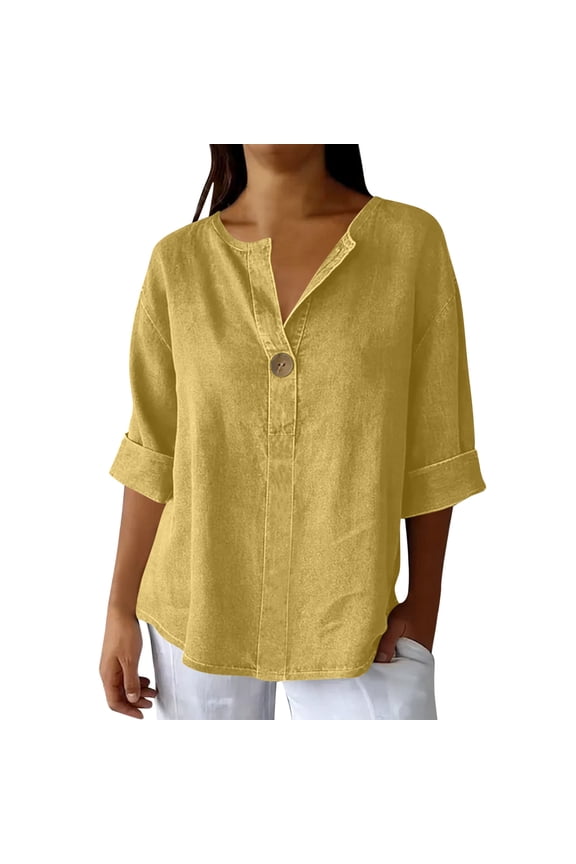 Women's Casual T-Shirt V-Neck Loose Fit Basic Tee /2 Sleeve Comfy Top for Spring Summer Vacation Beach Travel, Yellow S